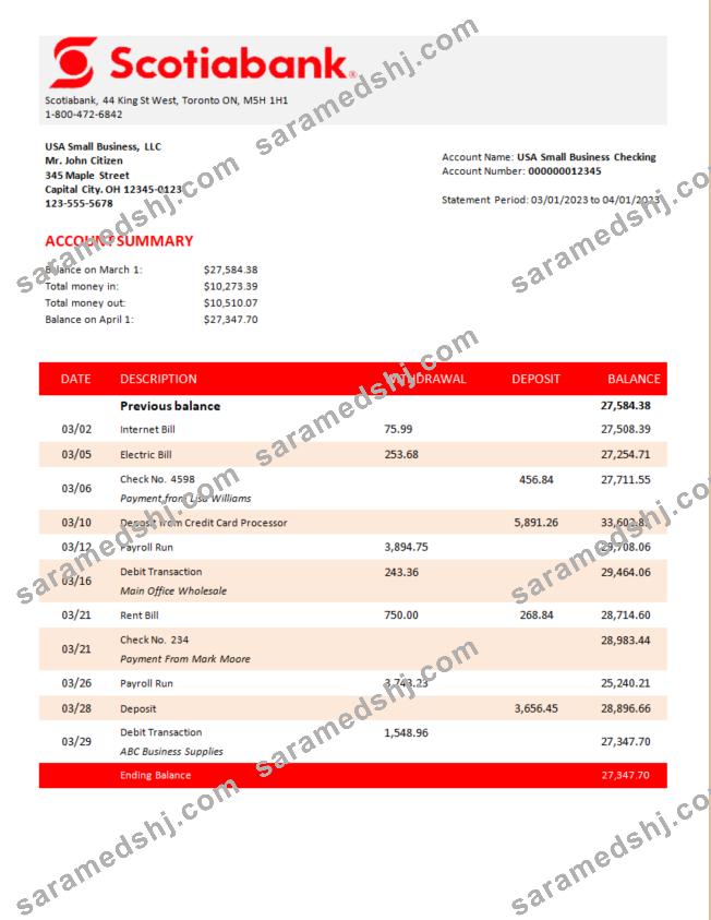 Scotiabank  Bank organization statement Word and PDF template